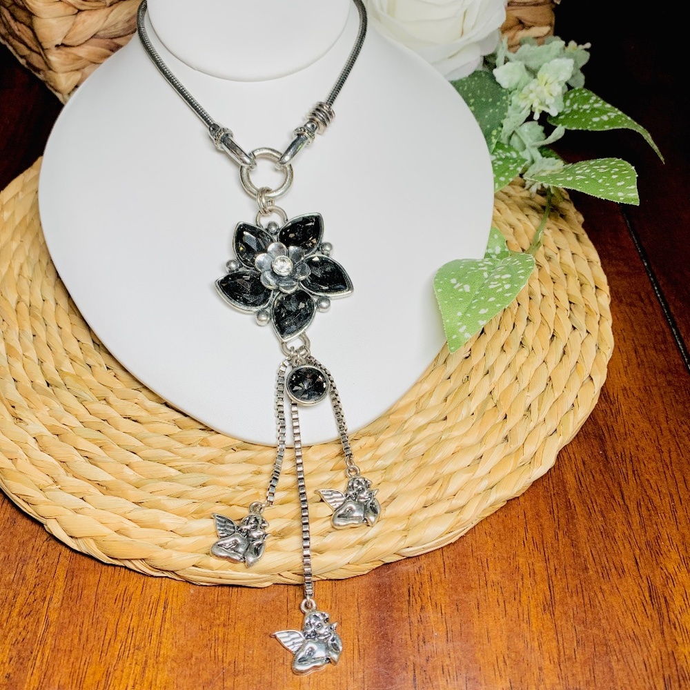 Vintage Cherub Angel Pendant Necklace with Smoky & Clear Crystal Flower